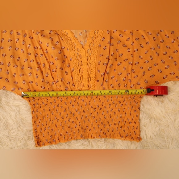 Forever 21 Orange Ditsy Floral Smock Dolman Short Sleeve Blouse Women’s Top Sz M - Picture 10 of 13